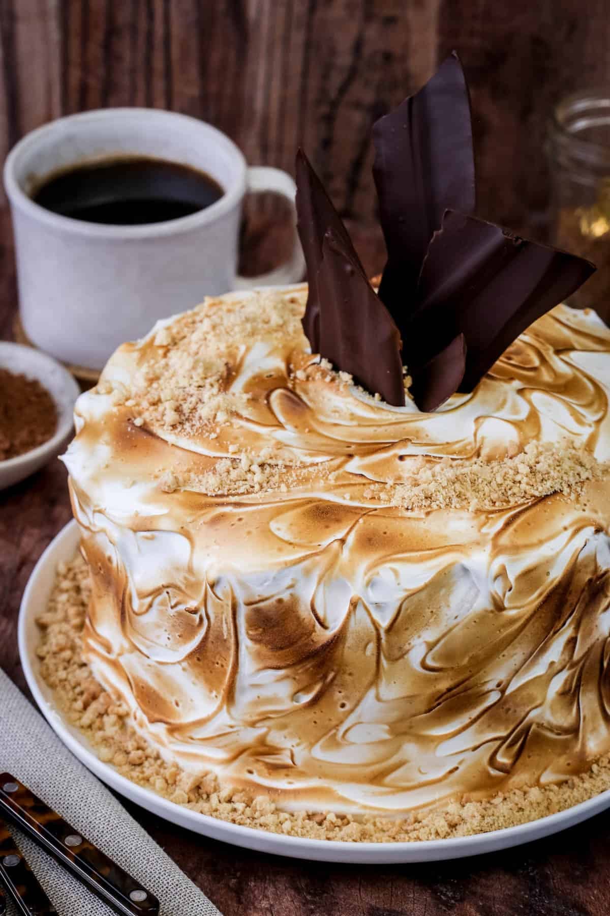 Gluten Free S'mores Cake decorated with chocolate shards and gluten-free biscuit crumbs.