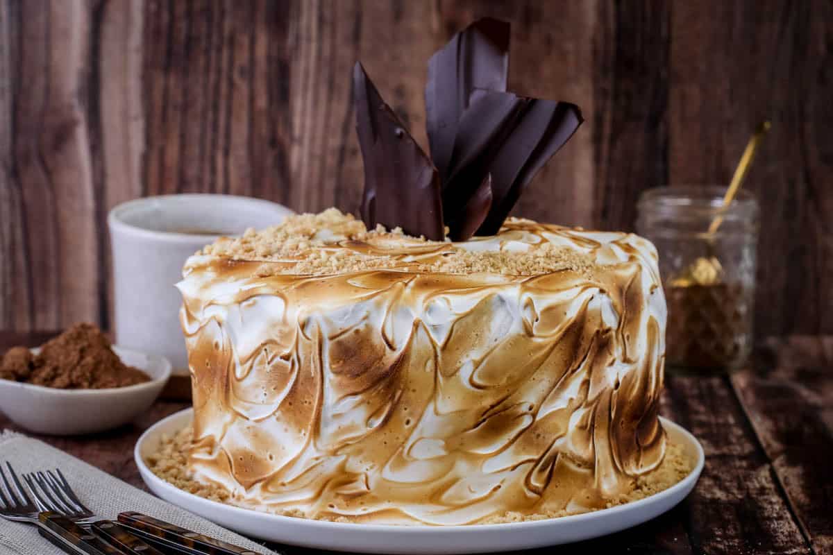 Gluten Free S'mores Cake decorated with chocolate shards and gluten-free biscuit crumbs.