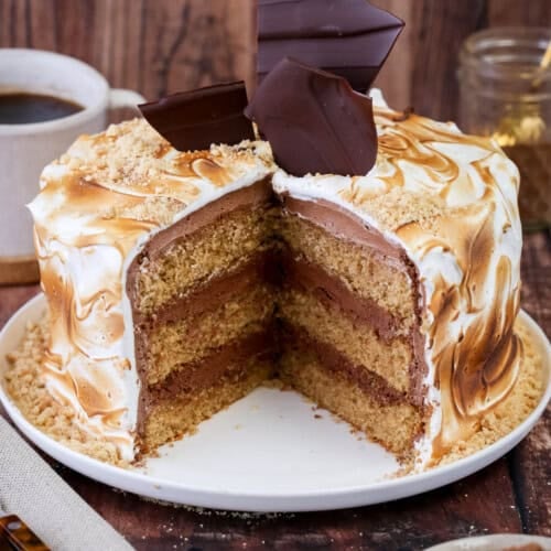 Gluten Free S'mores Cake cut to reveal three layers of cinnamon sponge, filled with plant-based chocolate buttercream and covered with toasted marshmallow meringue. Decorated with chocolate shards and gluten-free biscuit crumbs.