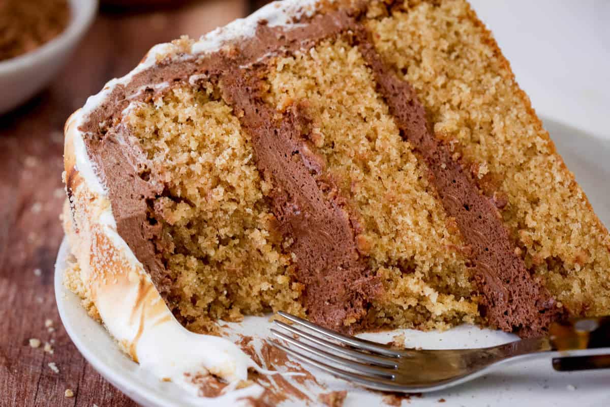 Cut slice of Gluten Free Smores Cake showing soft and tender cinnamon sponge, filled with ultra creamy chocolate filling and covered in toasted meringue with forkfuls taken out.