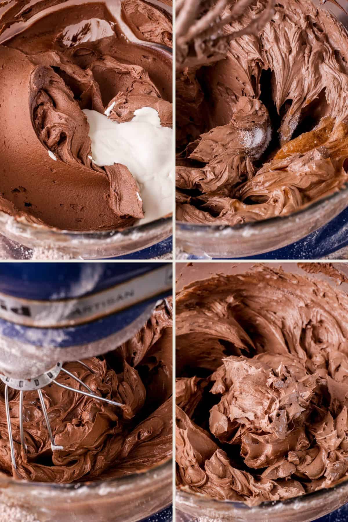 Adding plant-based cream, vanilla and salt to the buttercream and mixing until smooth and creamy.