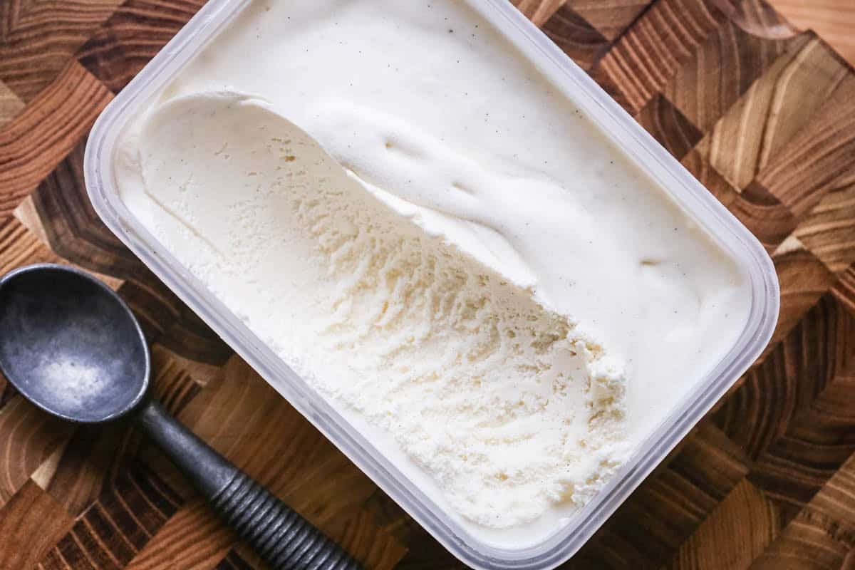 Ice cream scooped out of ice cream texture showing perfect creamy yet scoopable texture.