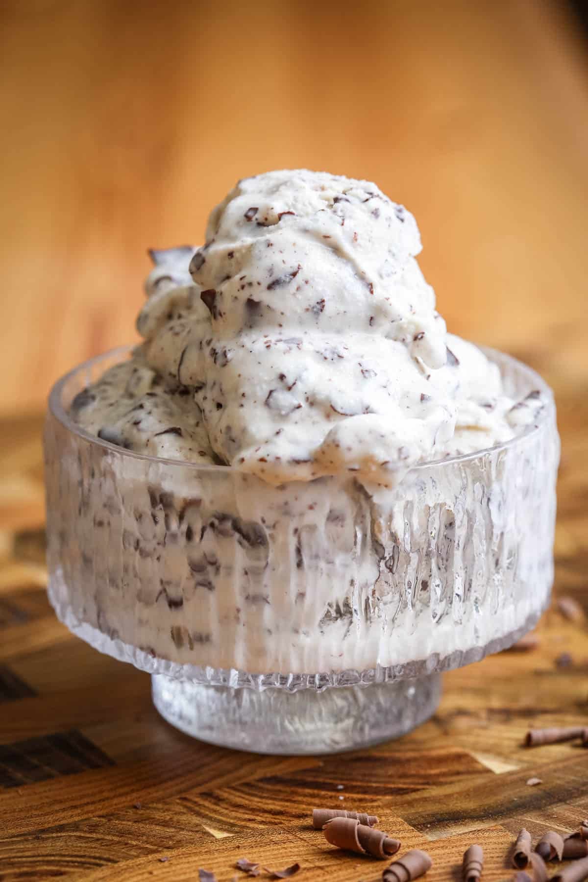 Vegan Stracciatella Ice Cream in a bowl showing really creamy texture.