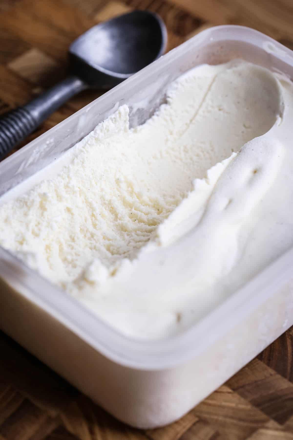 Ice cream scooped out of ice cream texture showing perfect creamy yet scoopable texture.