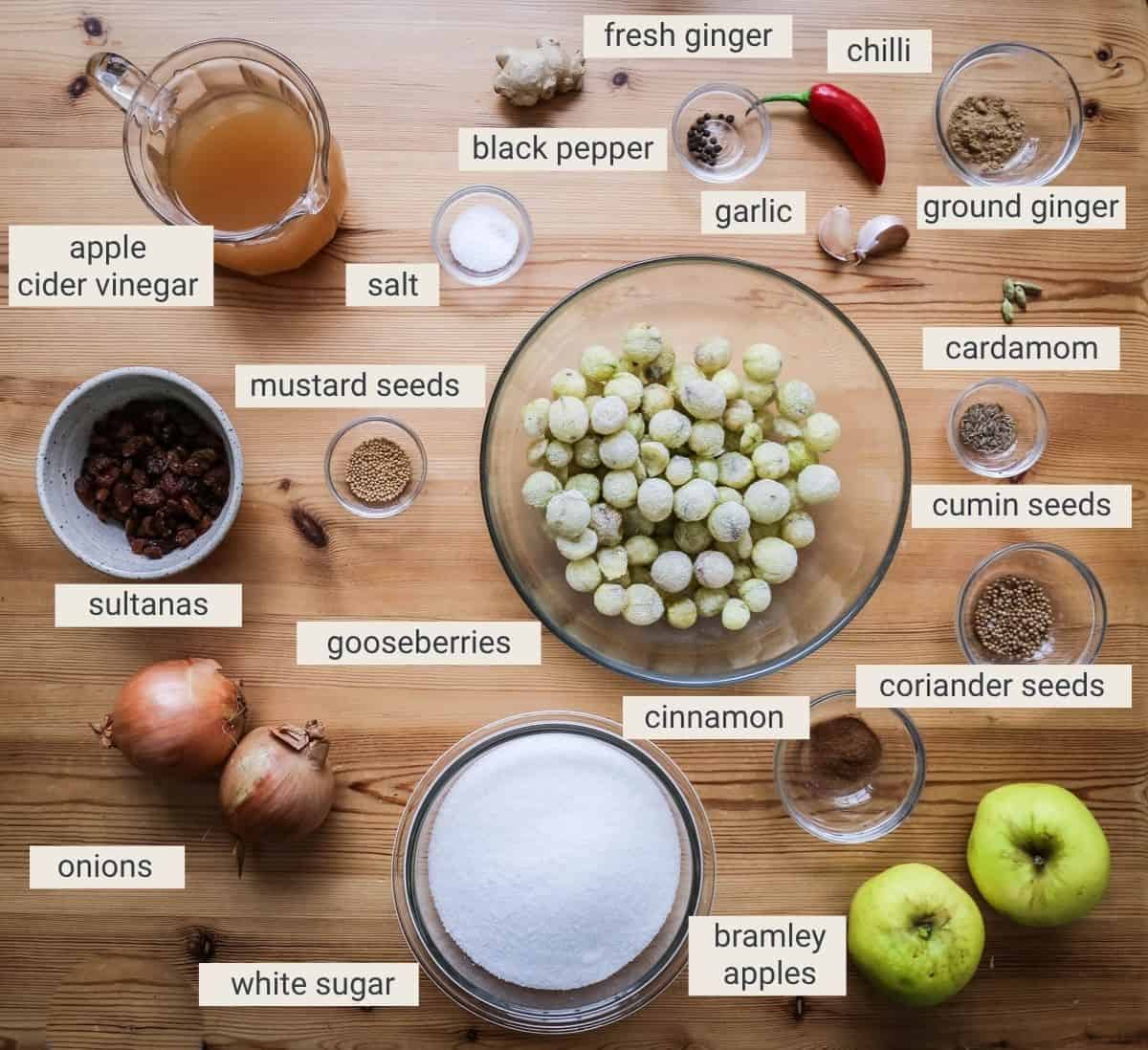 Spiced Gooseberry Chutney ingredients on a table.