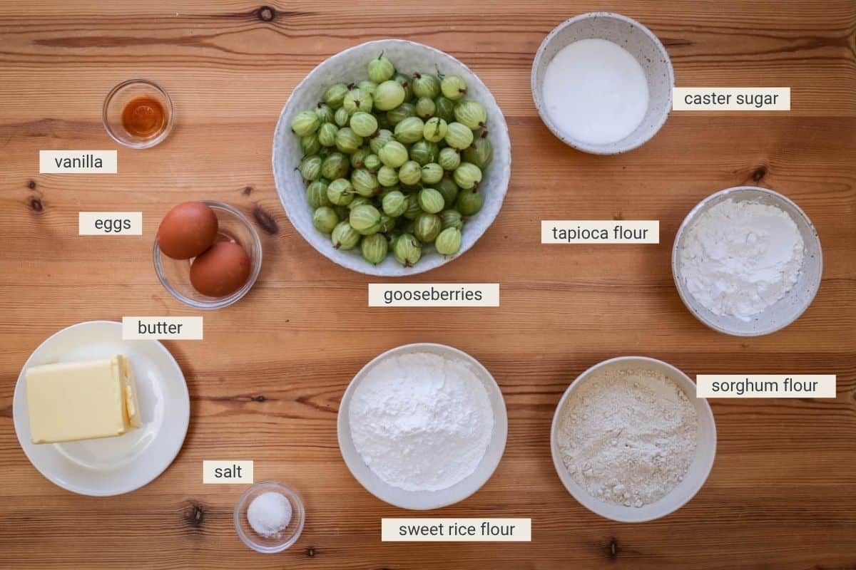 Gooseberry pie ingredients on a table.