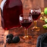 Glass of Blackberry Gin Liqueur surrounded by the full bottle, blackberries, cardamom and limes.