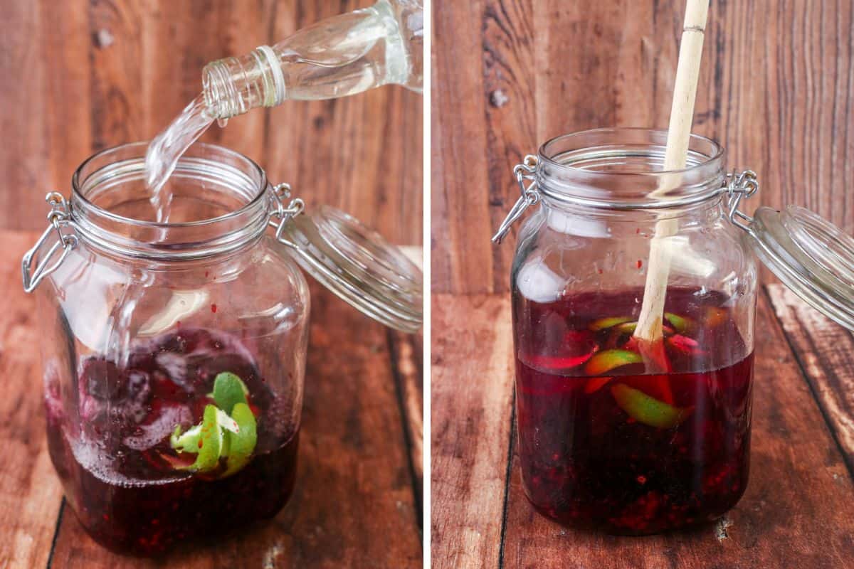 Gin poured into blackberries, lime and cardamom in jar and mixed before sealing shut.