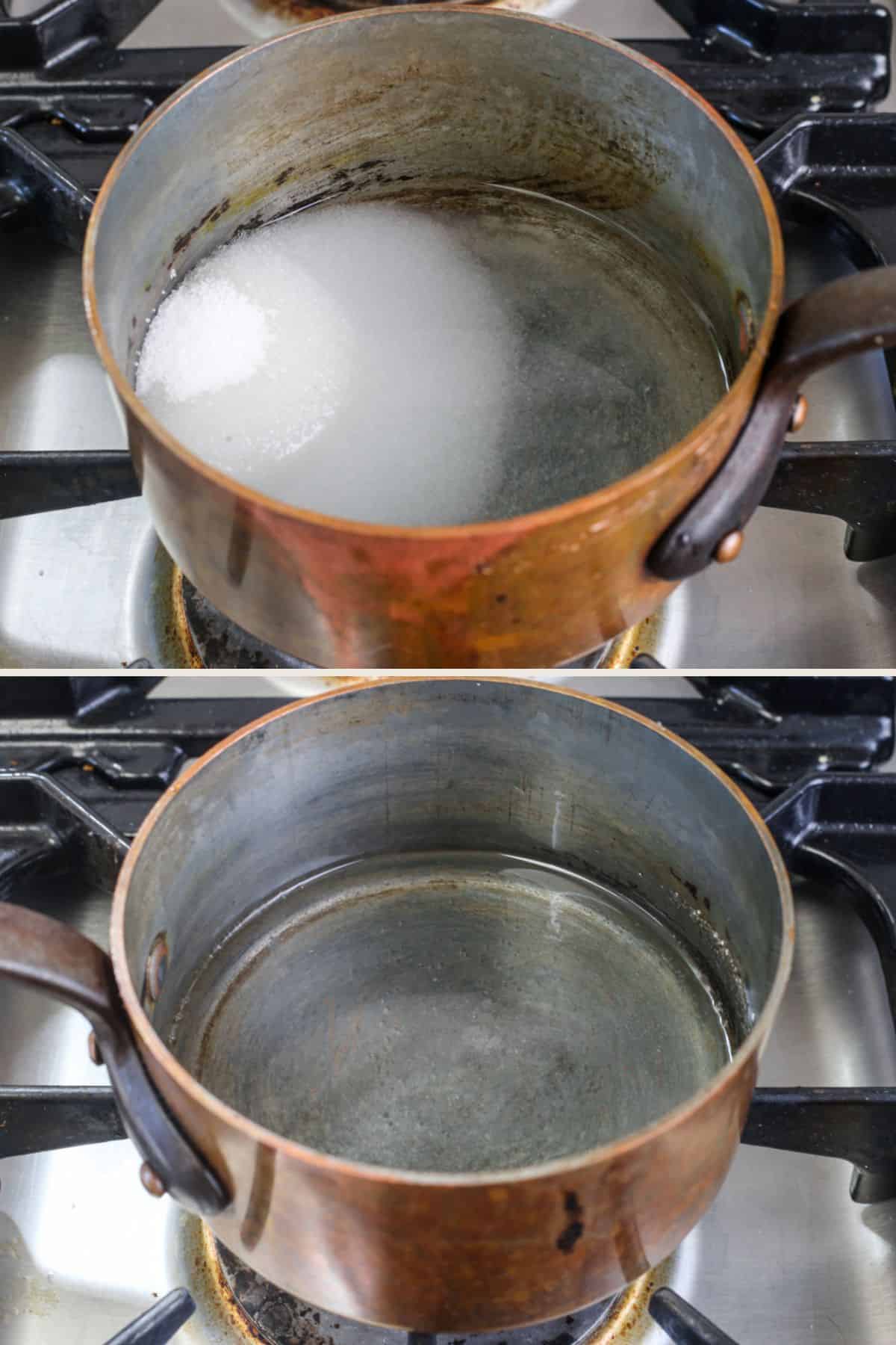 Sugar and water heated in a saucepan until sugar has dissolved and the syrup is clear.