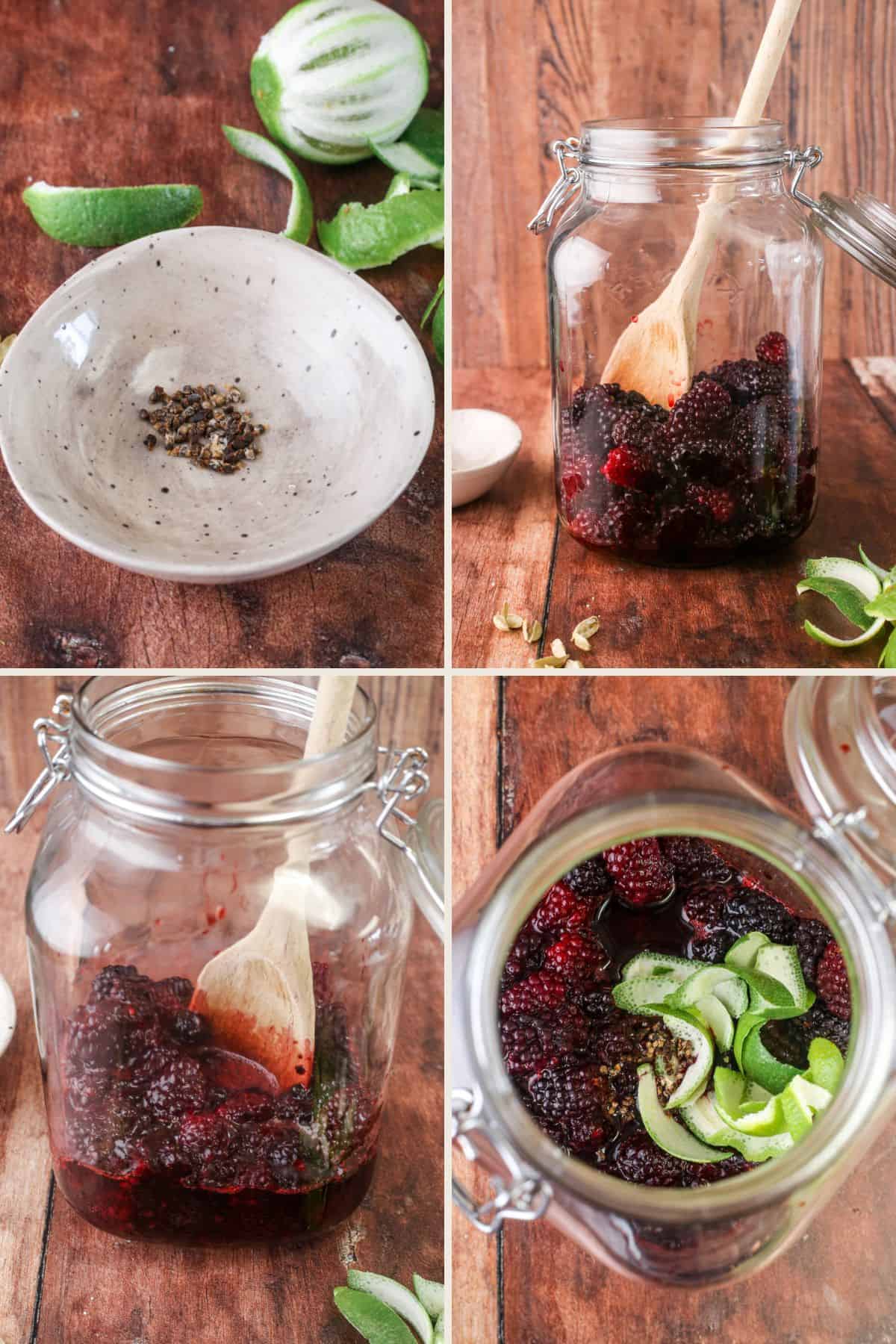 Cardamom and lime added to blackberries in large jar and crushed with wooden spoon.
