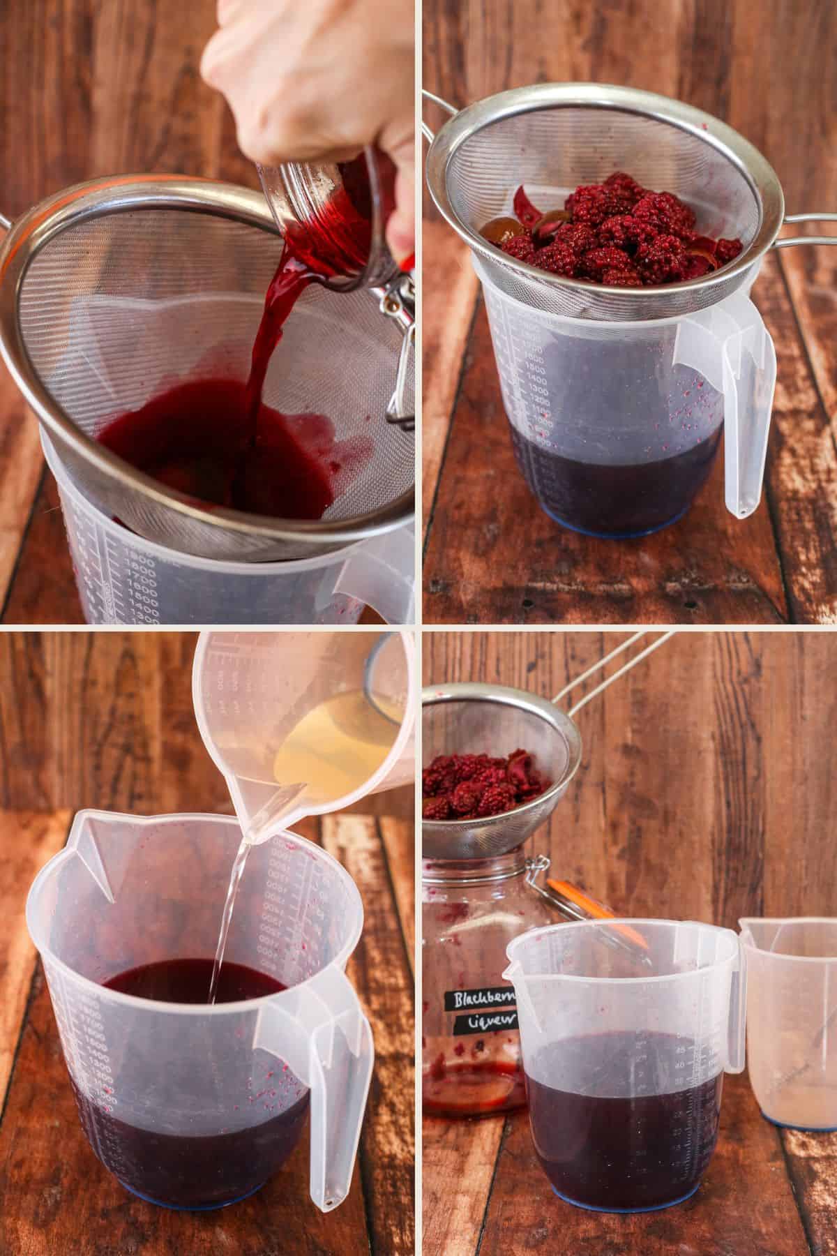 Straining the blackberry liqueur into large 2 litre jug using a conical sieve. Pouring in sugar syrup and mixing in.