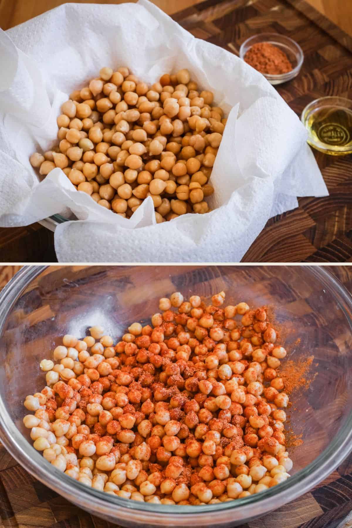 Chickpeas in kitchen paper to pat dry. Seasoning added to chickpeas.