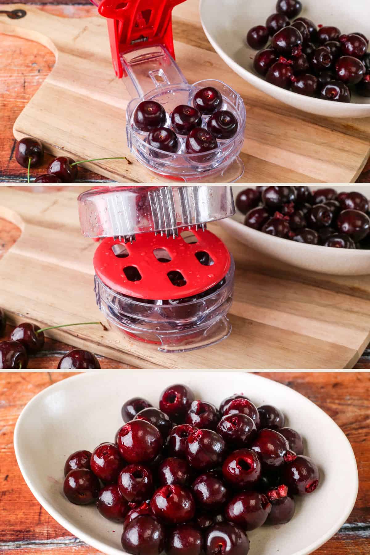 Cherries placed in cherry pitter gadget. All cherries pitted and in bowl.