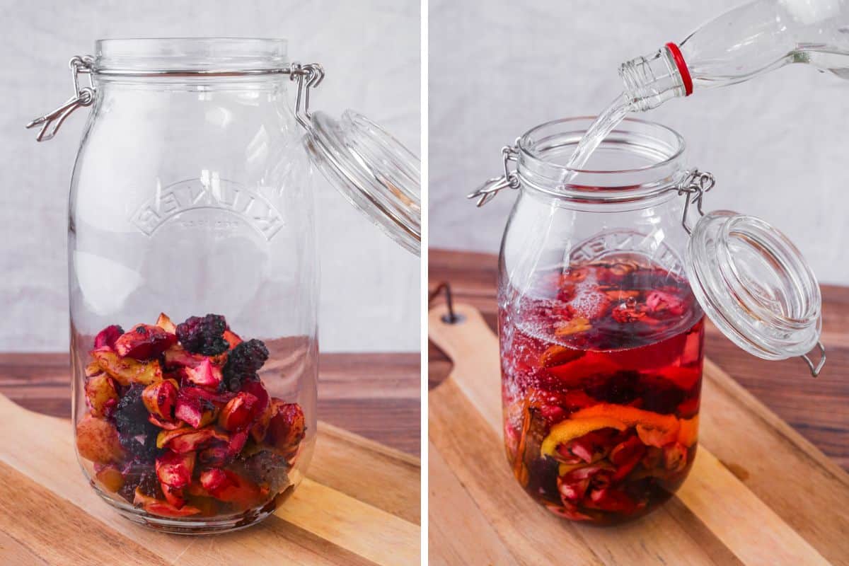 Roasted apples and blackberries in a sterilised jar, then vodka is poured over the top of them.