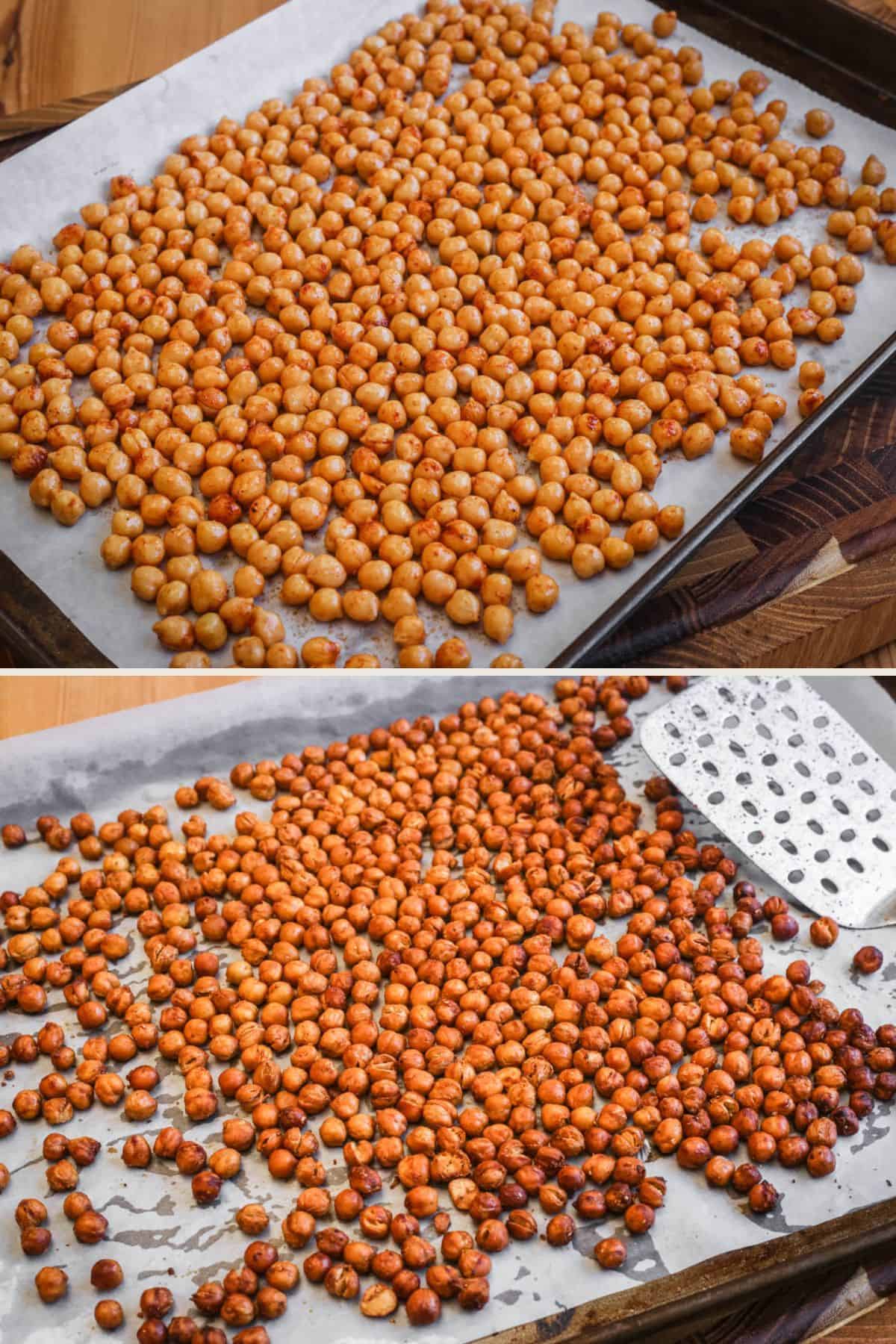 Chickpeas on baking tray before and after roasting.