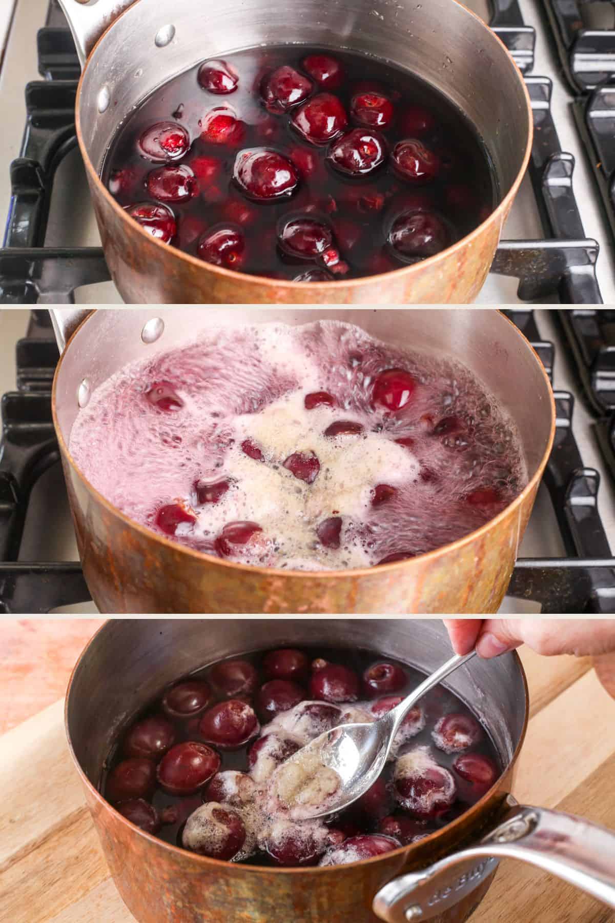 Cherries in water in saucepan, simmered until tender. Scum spooned off the top.