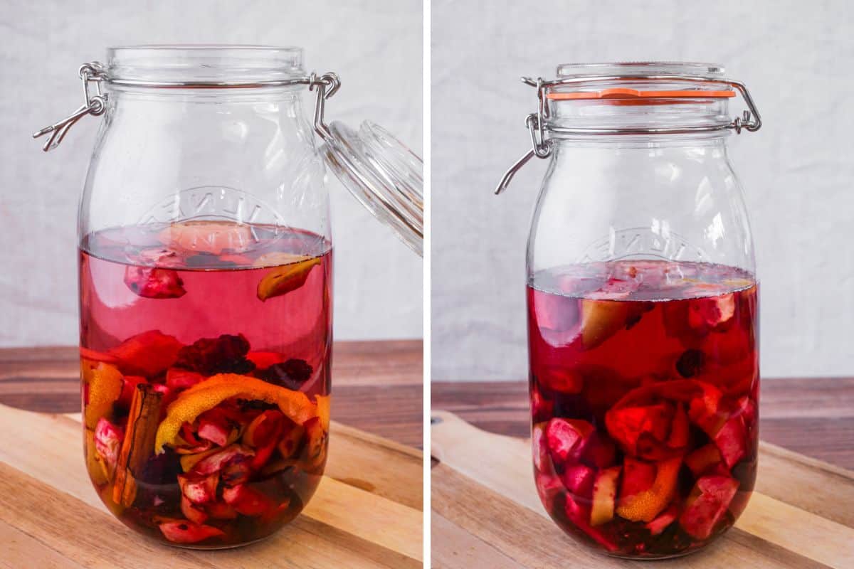 Roasted apples and blackberries and other ingredients in a large sterilised jar, then sealed for 2-3 weeks.