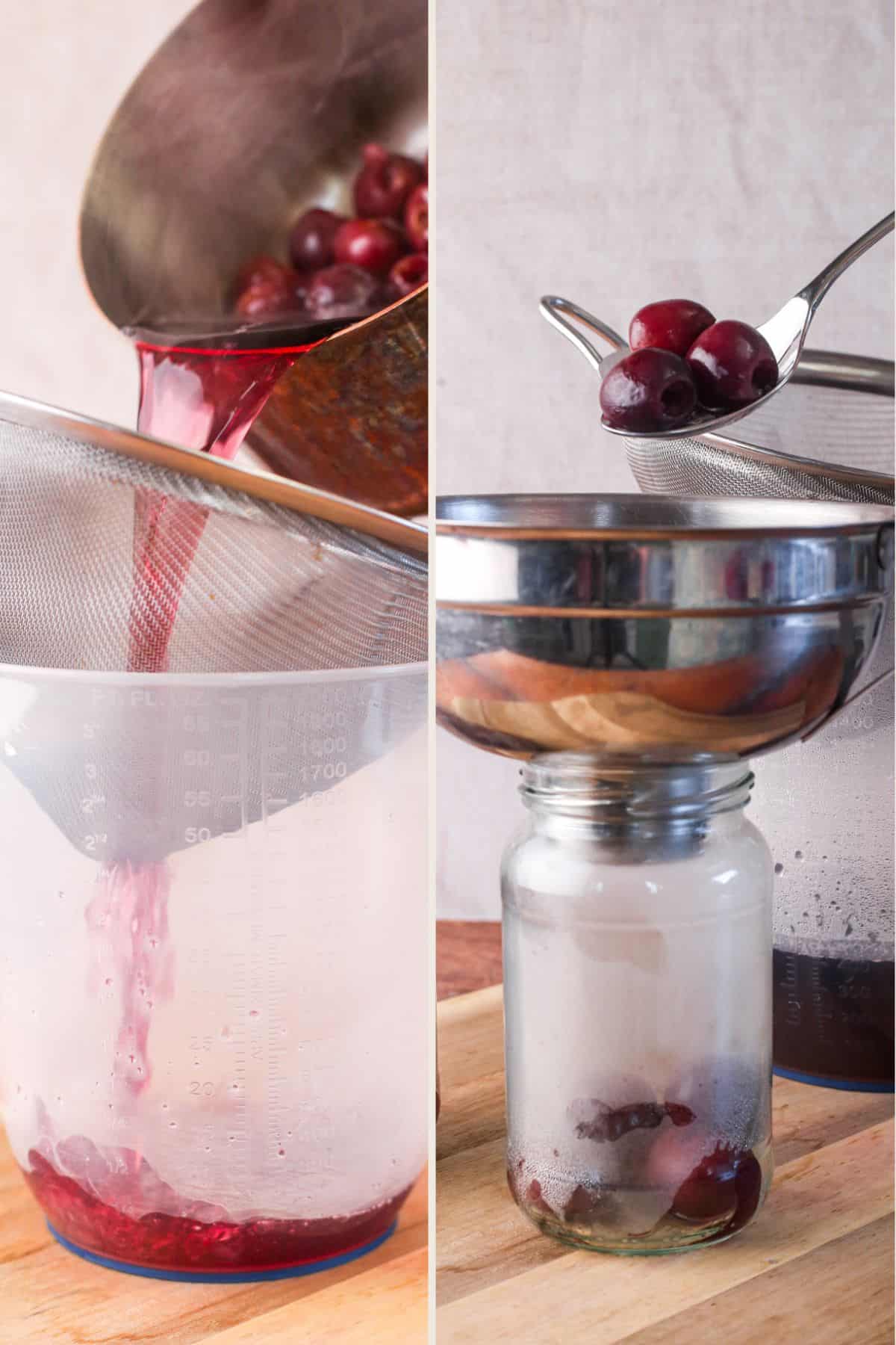 Cherries drained. Cherries spooned into sterilised jars.