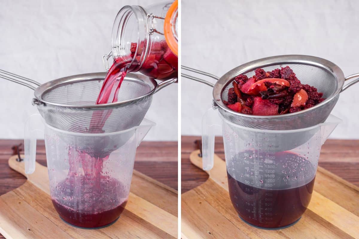 Steeped apple blackberry vodka strained into a jug.