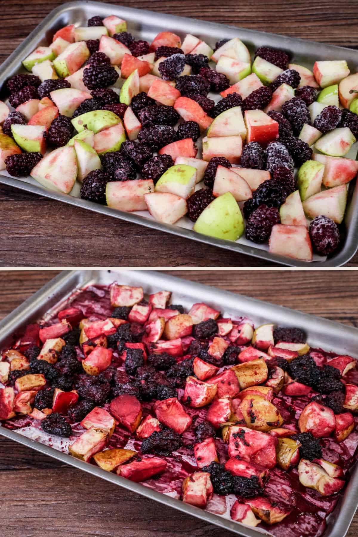 Apples and blackberries on a baking tray before and after being roasted for a time.