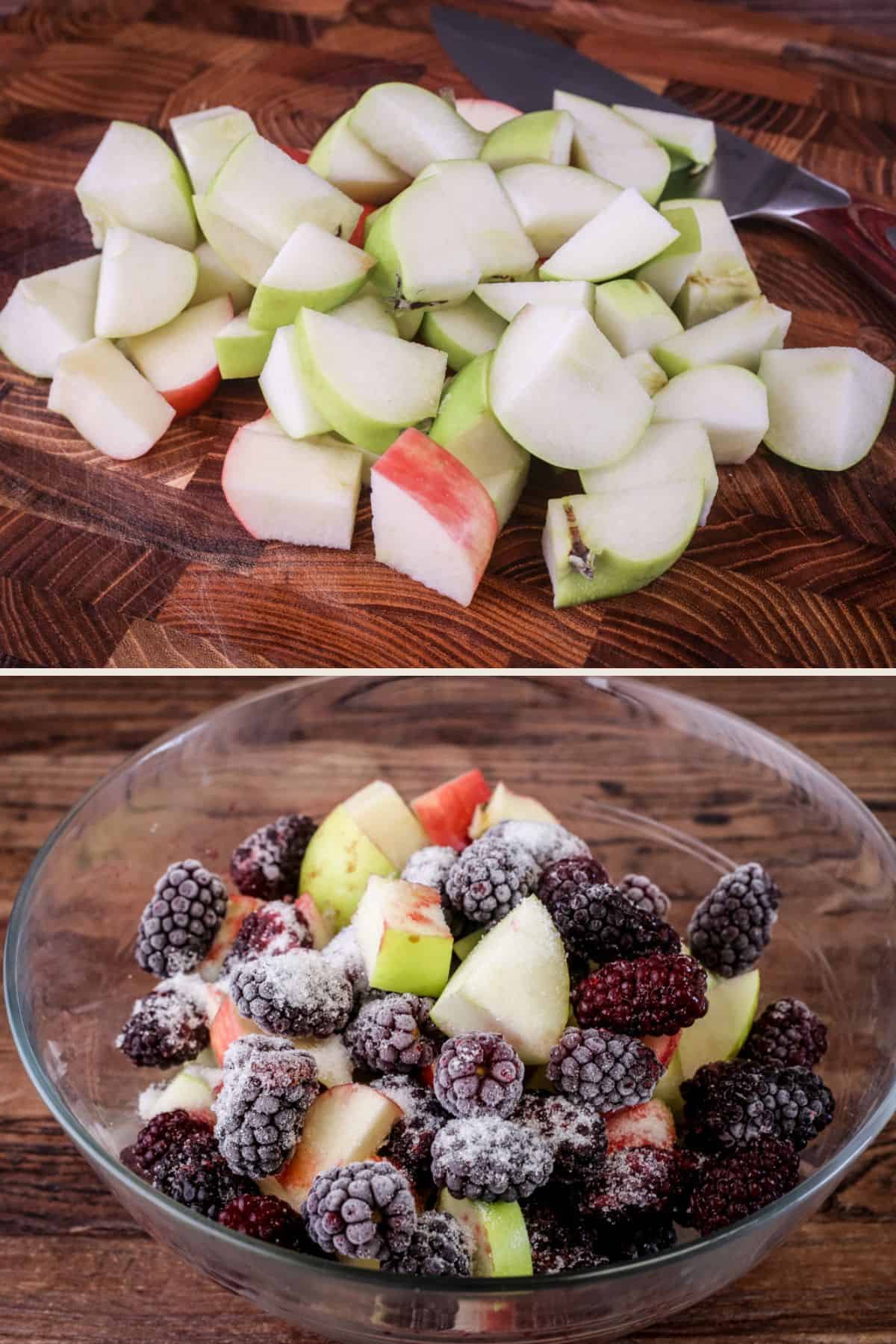 Apples chopped, then added to blackberries (these are frozen) to mix in a bowl.