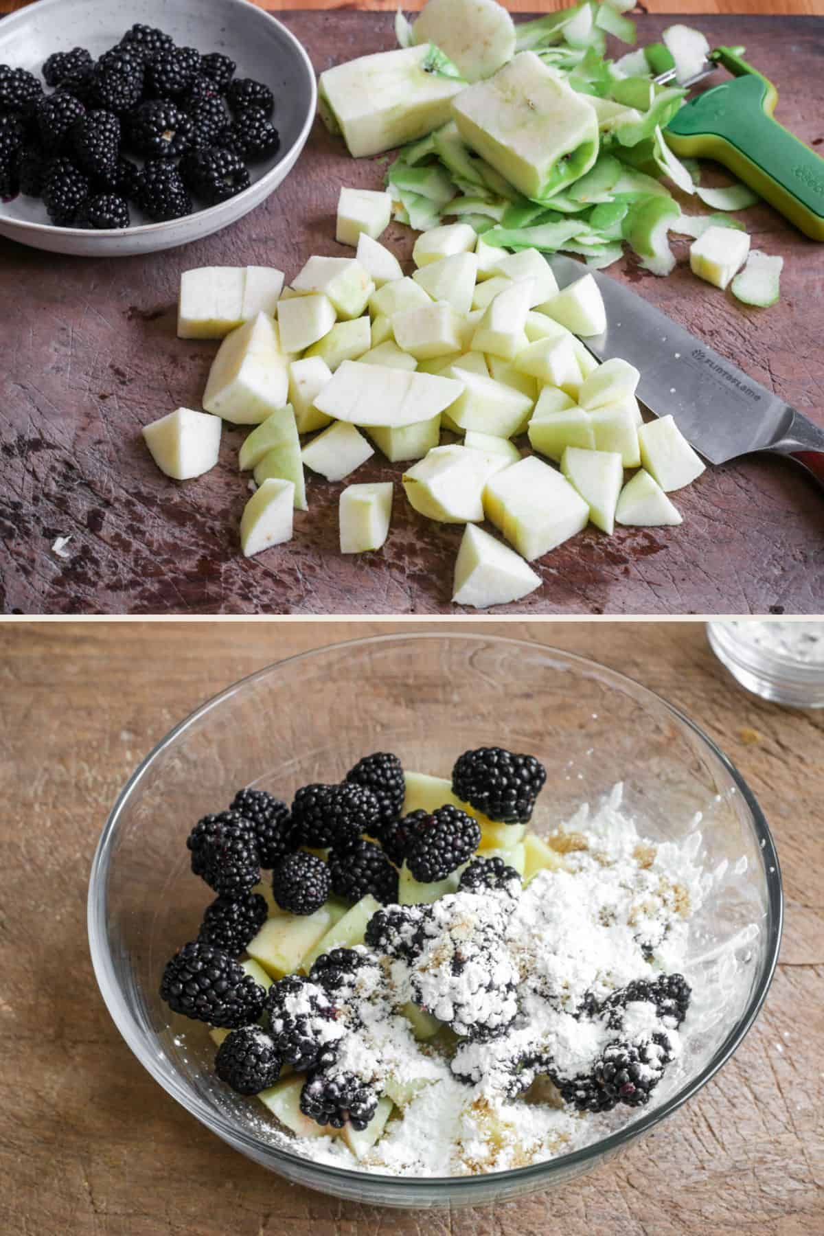 Apples cut into equal chunks, then tossed with blackberries, sugar and icing sugar.