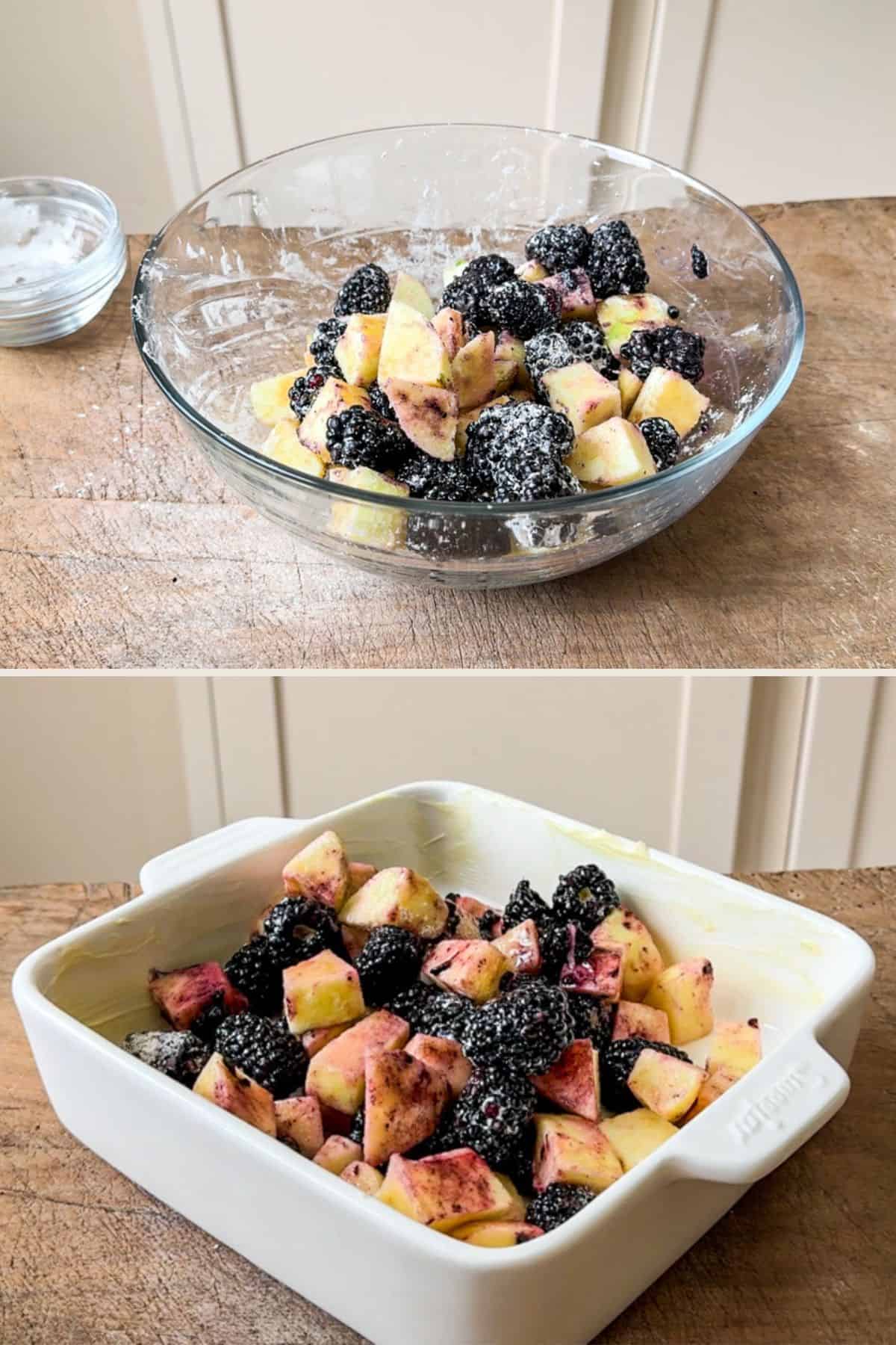 Fruit layer ready in a bowl then tipped into bottom of baking dish.