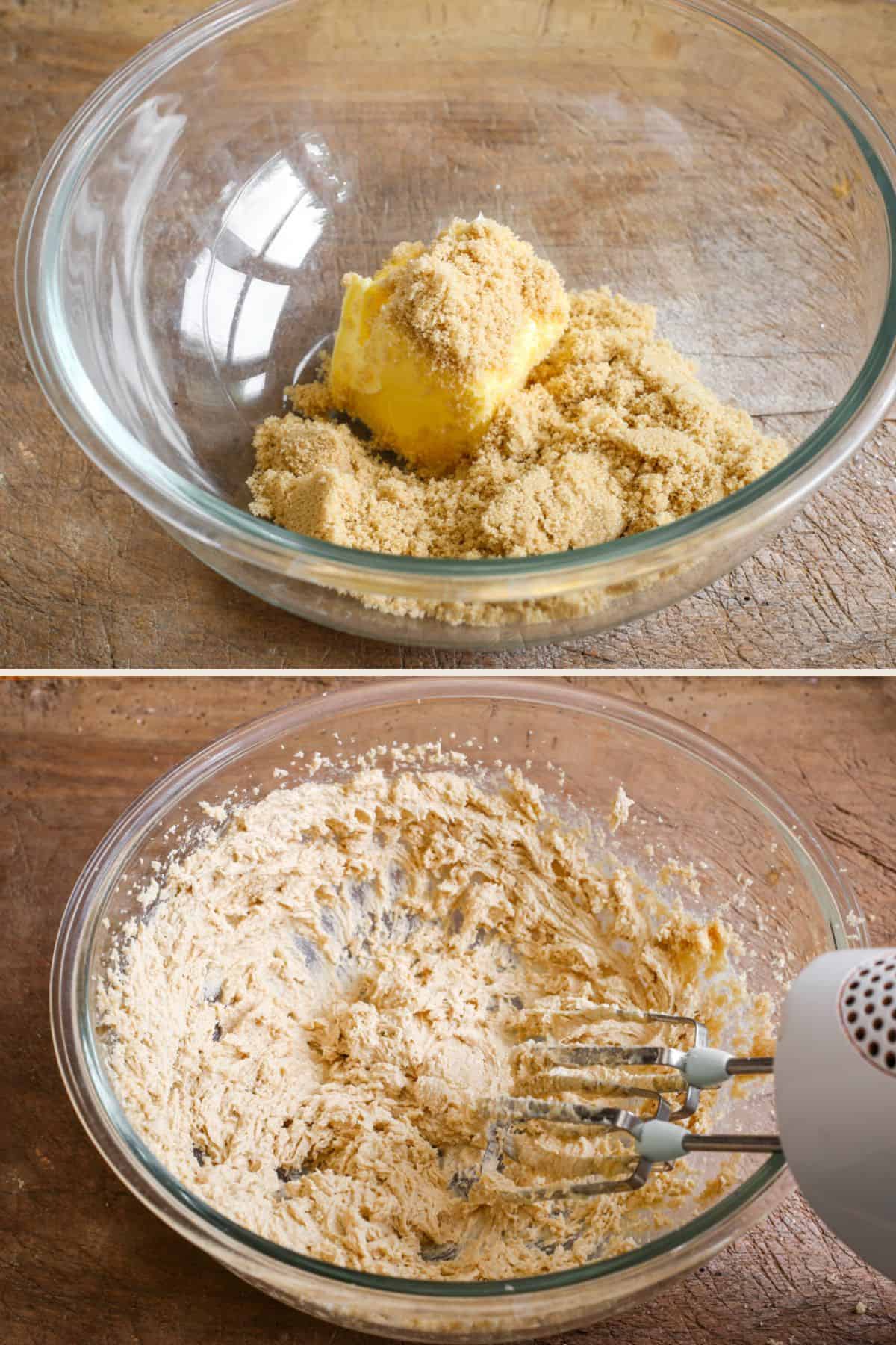 Butter and brown sugar in a mixing bowl, mixed until light and creamy.