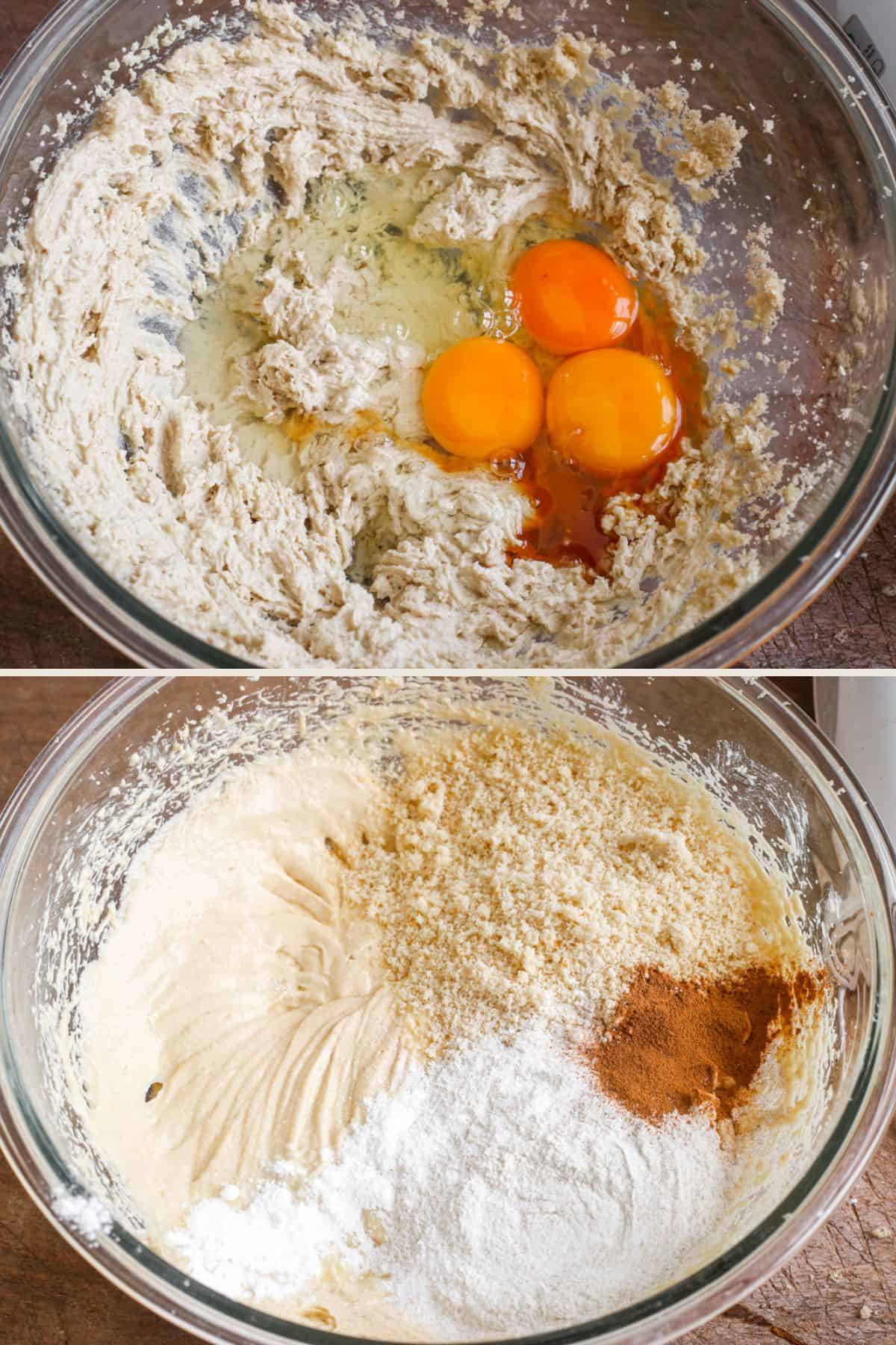 Eggs added to butter and sugar, then mixed and dry ingredients added.