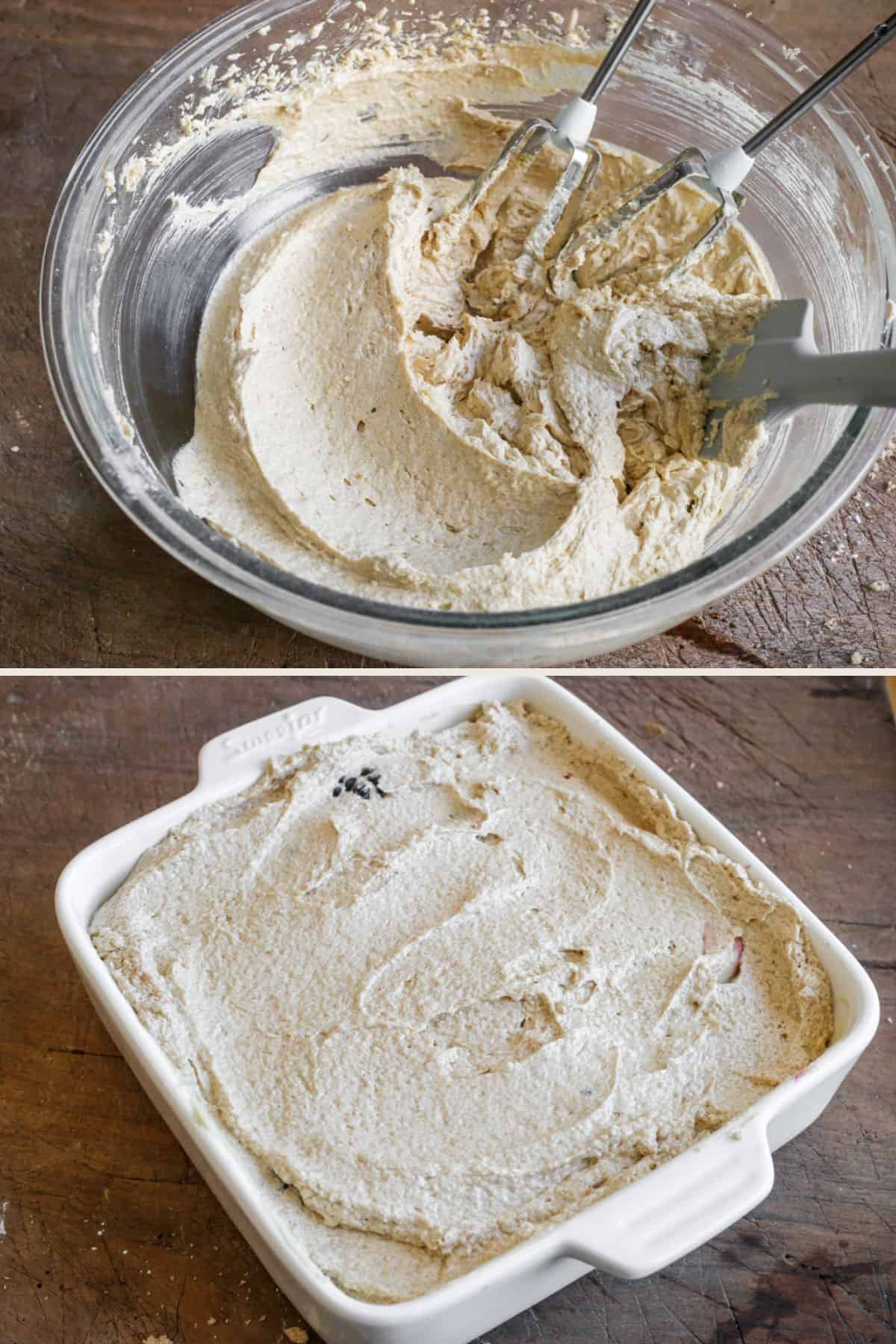 Sponge batter mixed up then spread over fruit layer in baking dish.