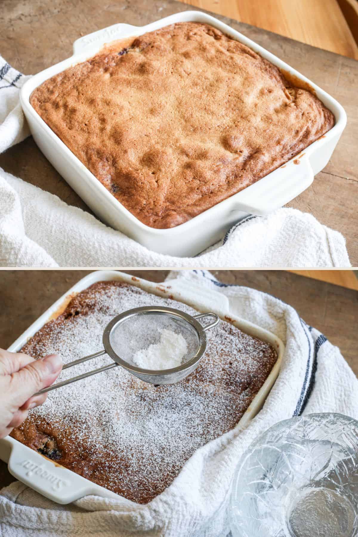 Golden sponge pudding ready from oven then dusted with icing sugar.