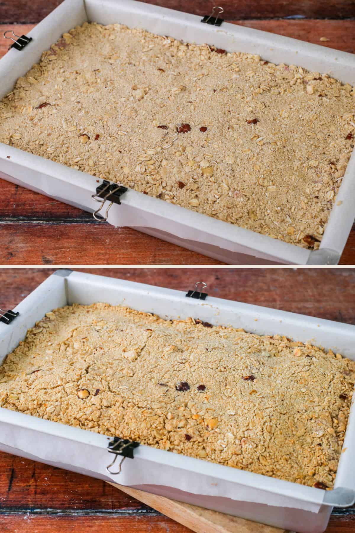 Blackberry Bars before baking showing crumble topping pressed firmly. Golden topping after baking.
