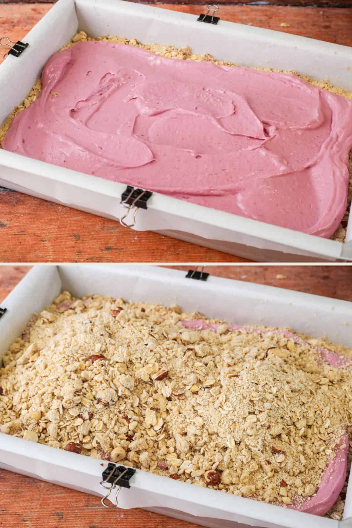 Blackberry Cheesecake filling spread over crumble base and sprinkled with crumble topping.