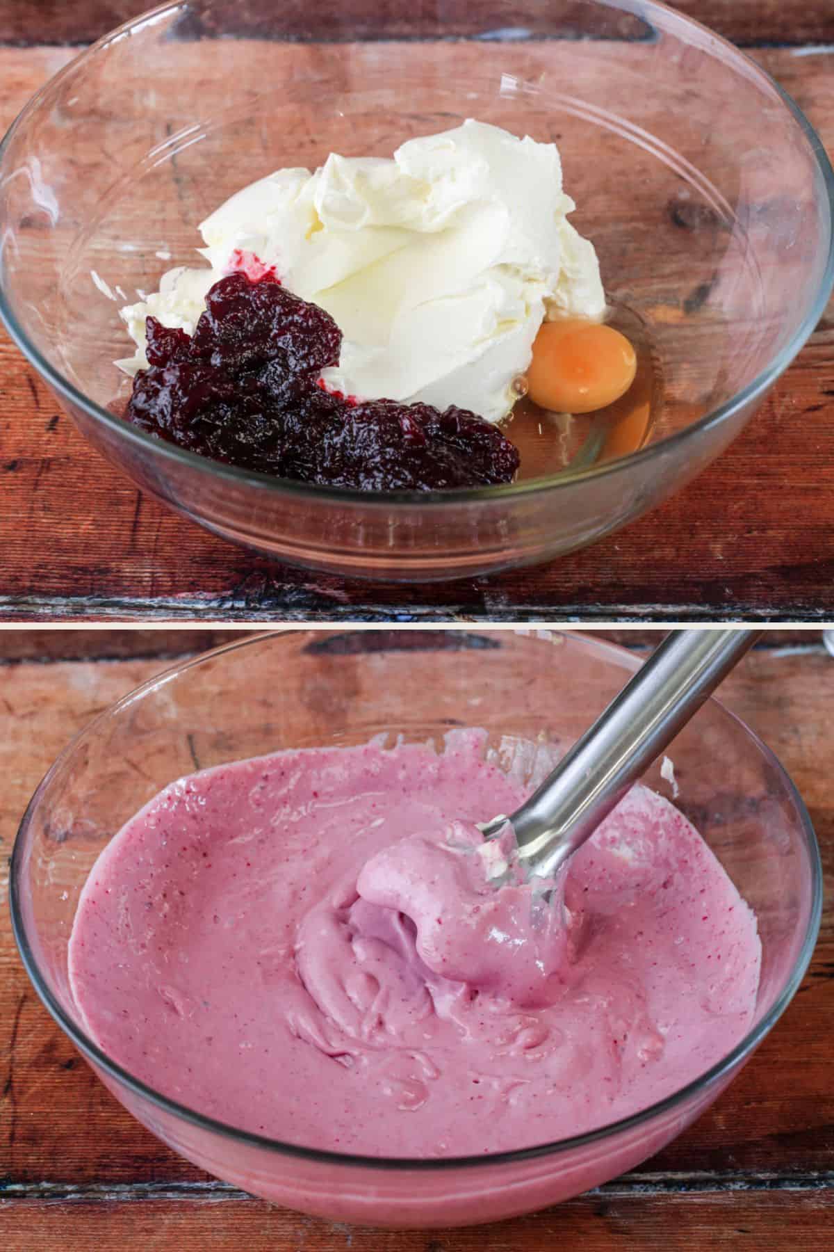Blackberry Cheesecake Filling ingredients in bowl before and after blending.