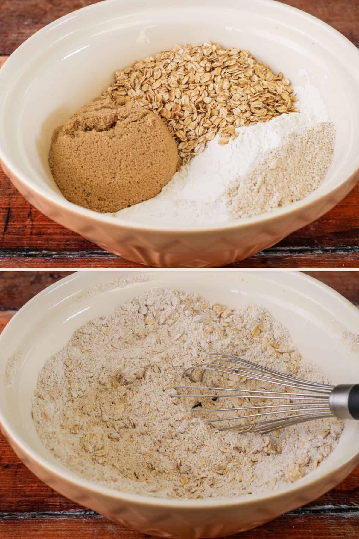 Dry crumble mixture in a mixing bowl and after it has been whisked together.