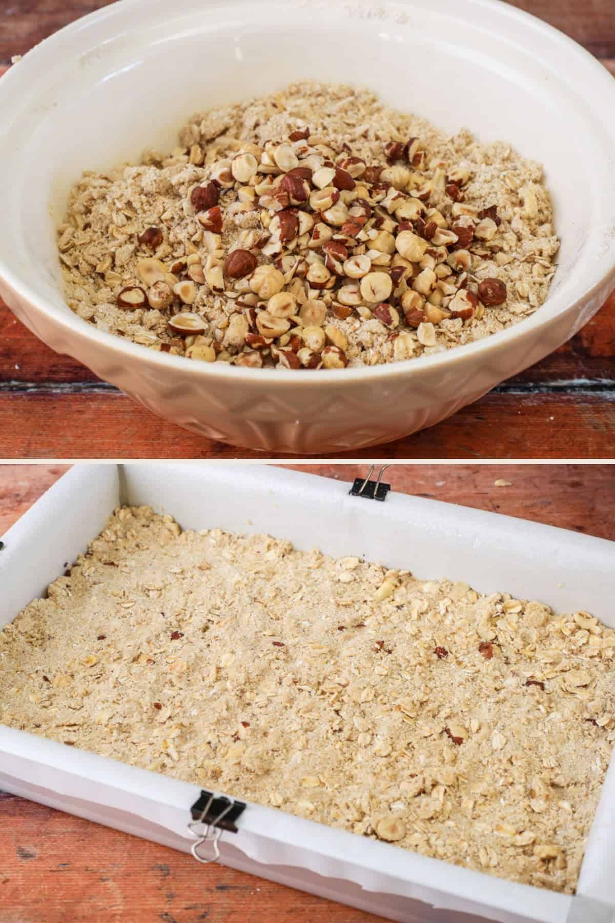 Crumble mixture with hazelnuts added, then pressed firmly into baking tin.