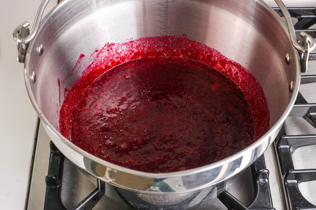 Blackberry Lime Jam ready in preserving pot.