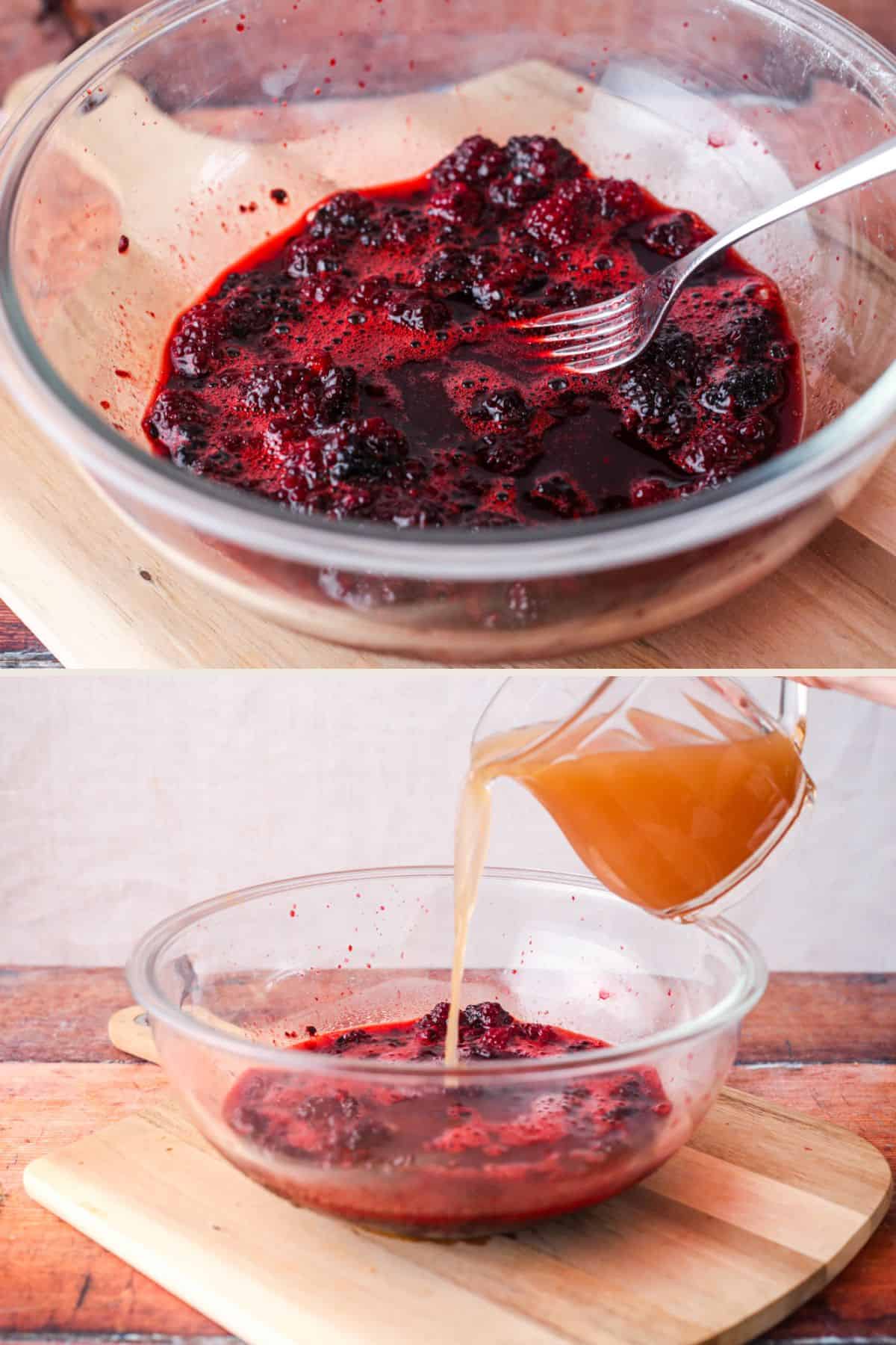 Blackberries crushed with fork in large bowl. Vinegar poured over.