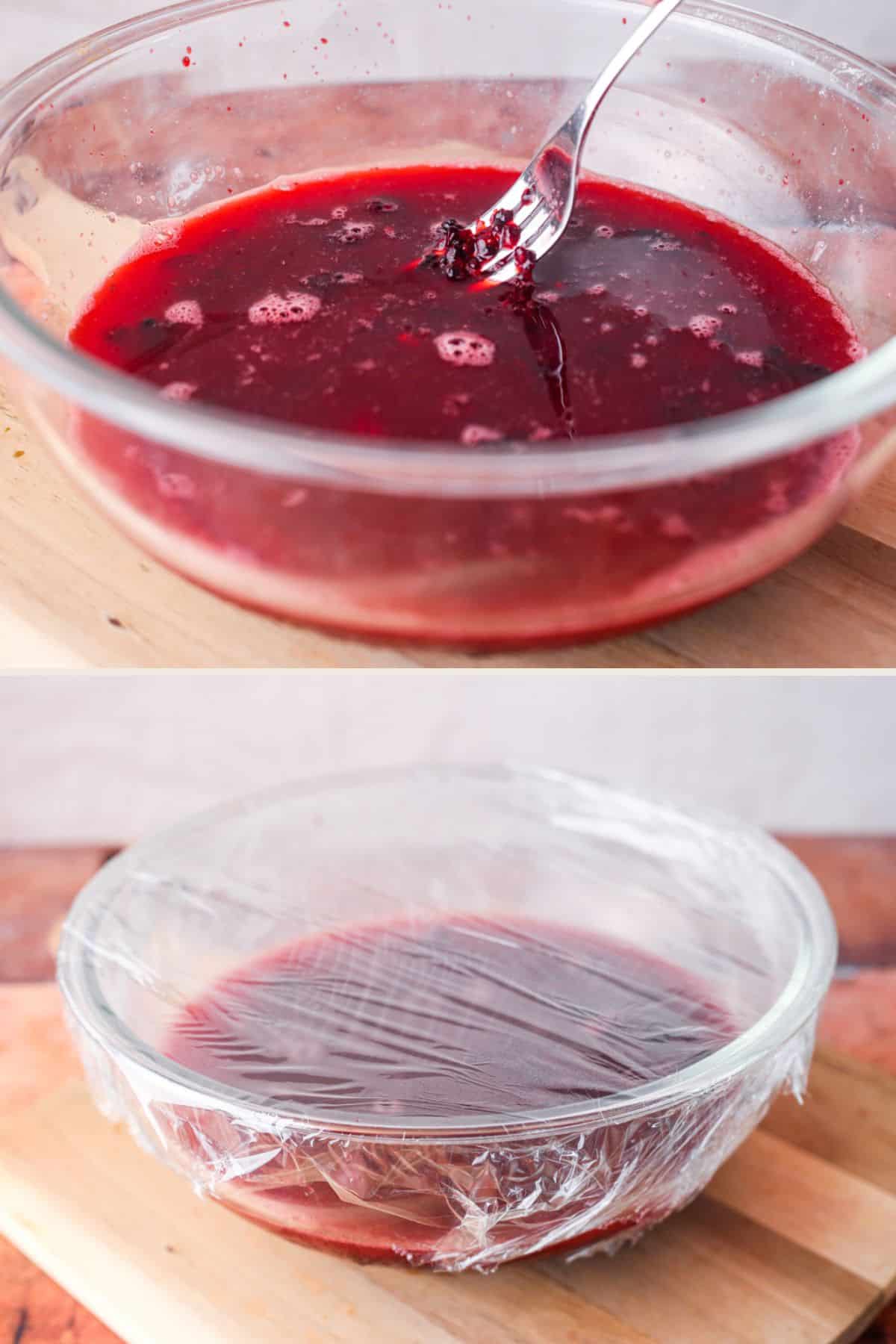 Blackberries stirred with vinegar then covered with cling film and placed in refrigerator.