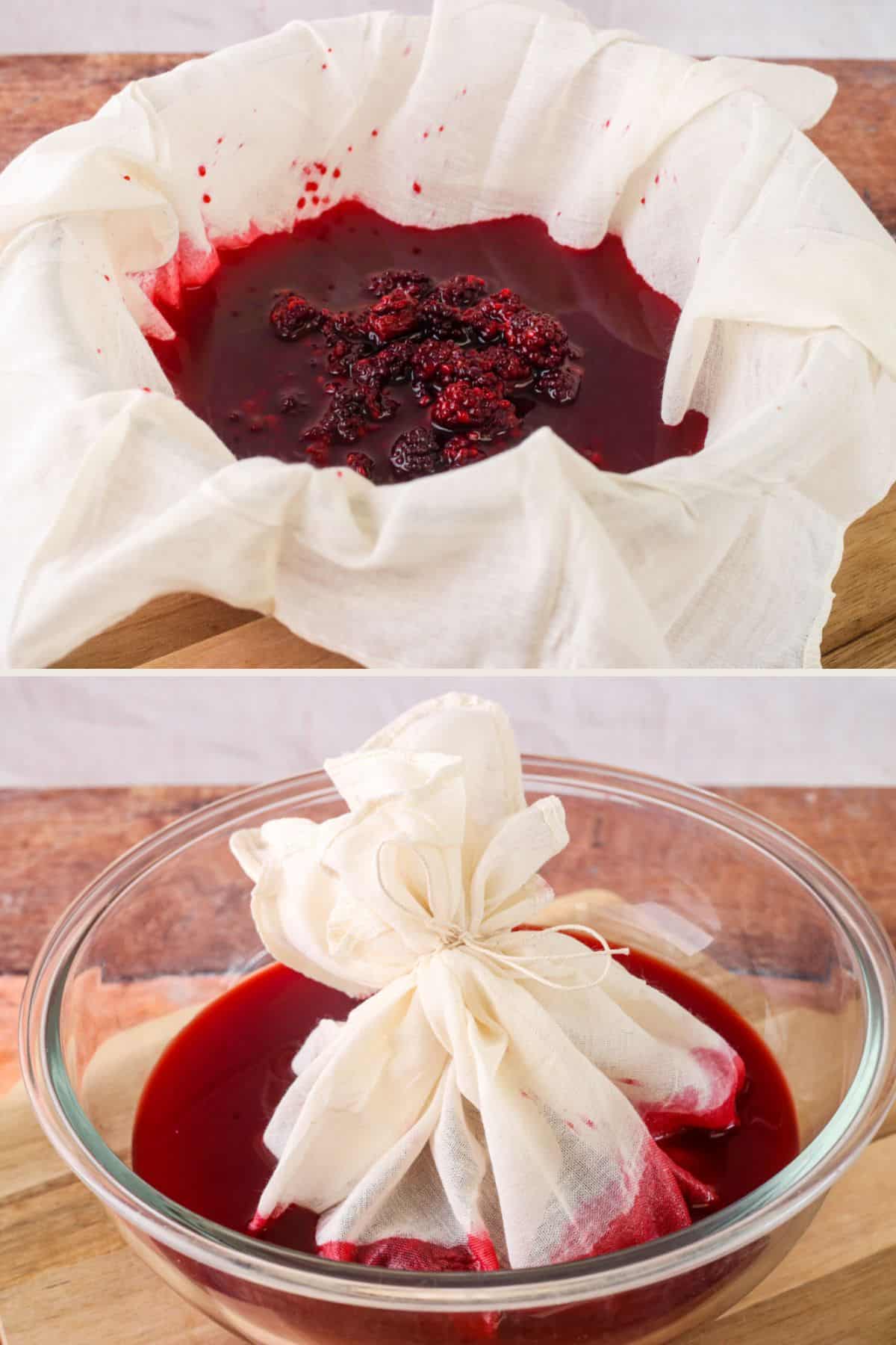 Crushed blackberries in vinegar in straining material, then gathered up and tied with string to form a bag around it.