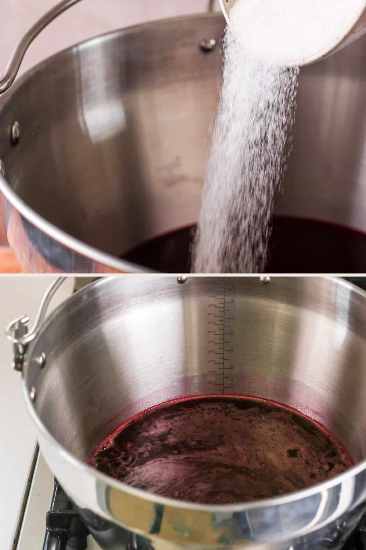 Sugar poured into blackberry vinegar in large stainless steel preserving pan. Simmering on the stove.