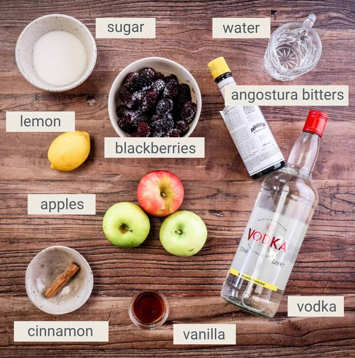 Blackberry and Apple Vodka ingredients on a table, labelled.