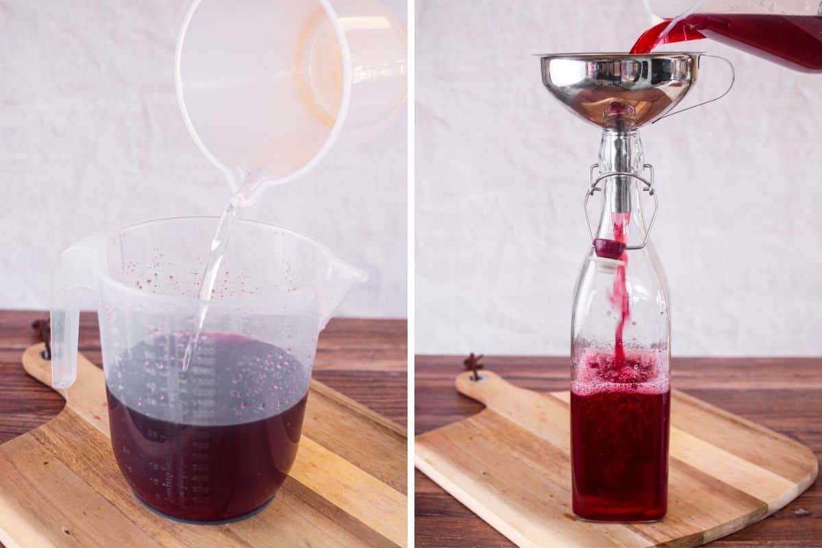Sugar syrup poured into strained vodka, then sweetened apple and blackberry vodka poured into sterilised bottle.