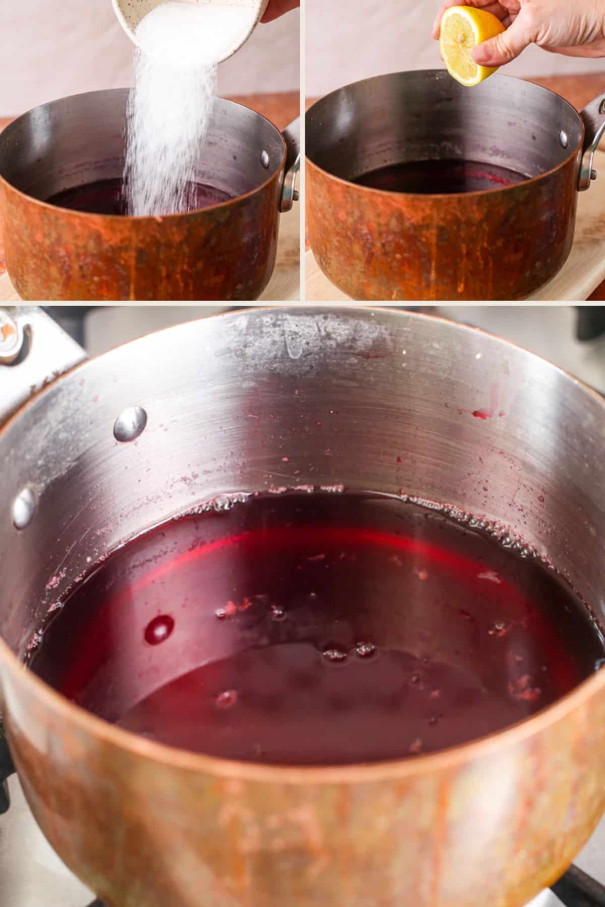Sugar poured into reduced cherry water, squeeze lemon in. Syrup simmering in pan to dissolve the sugar.