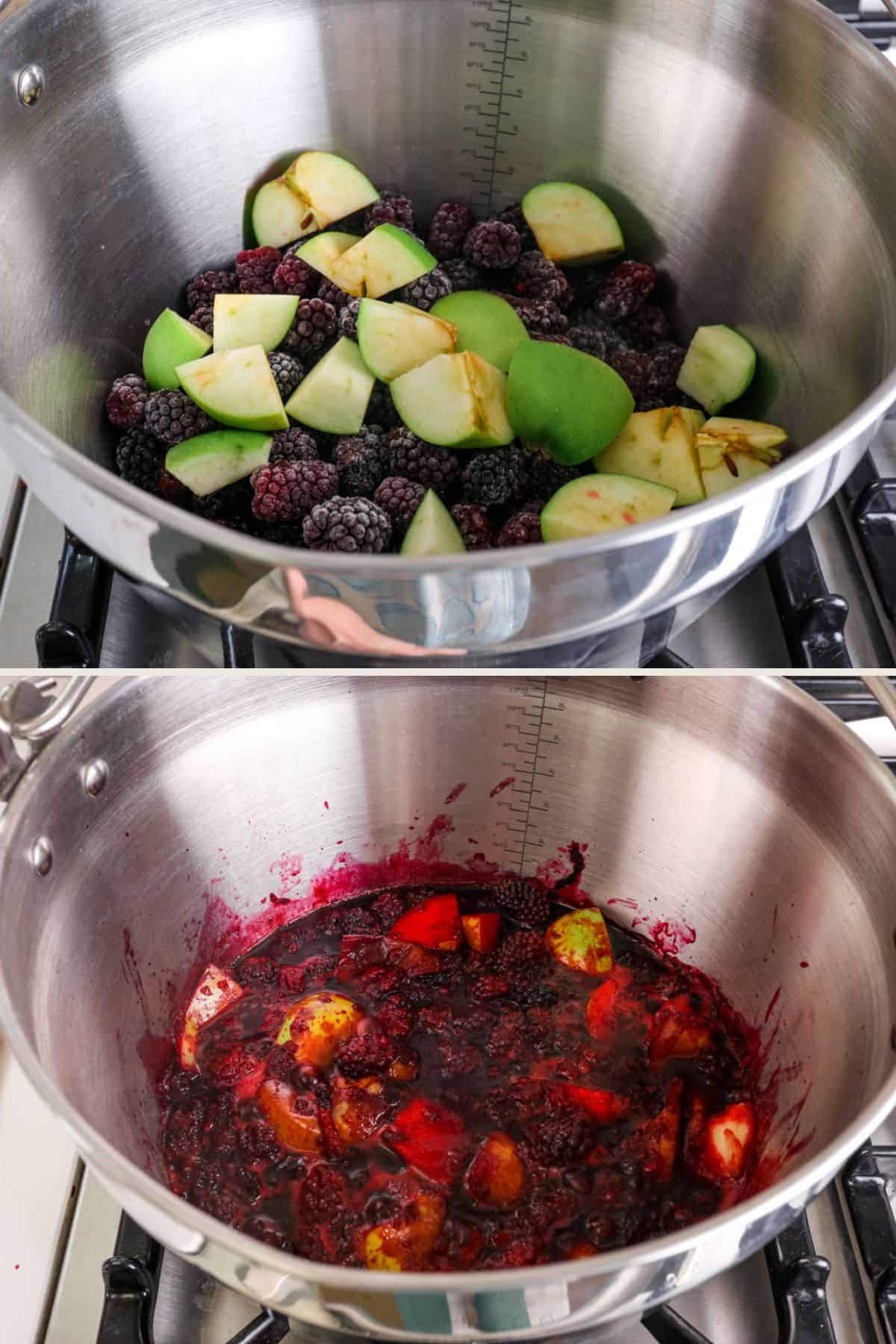 Chopped apples and blackberries in preserving pan, cooked until softened.