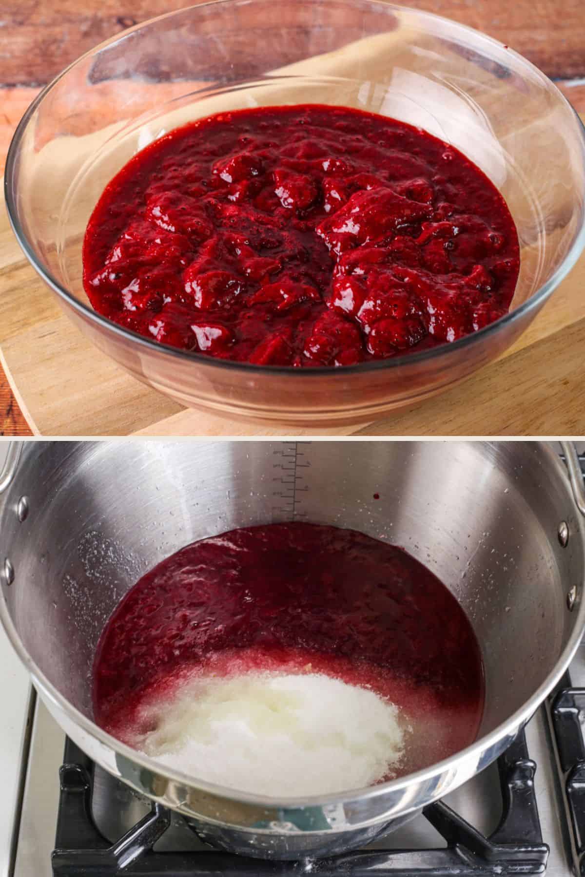 Blackberry and apple pulp smooth and seedless in a bowl then added to preserving pan with sugar.