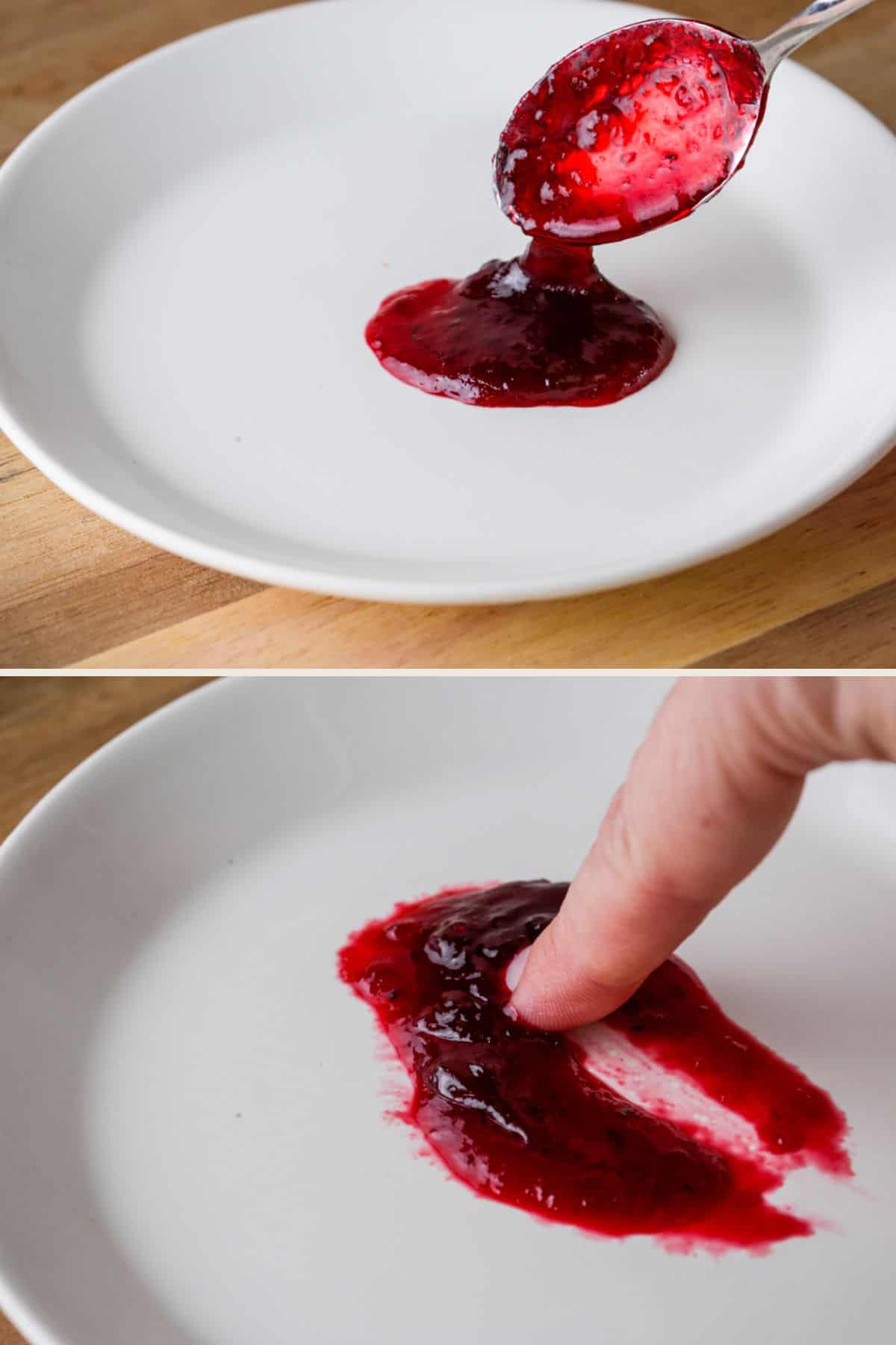 Blackberry Jam spooned onto a saucer, then pushed with a finger, showing the jam wrinkling up and leaving clear trail behind.