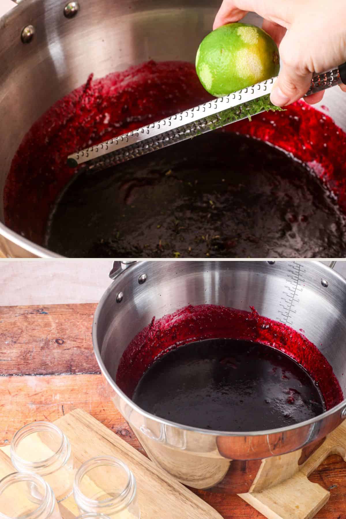 Lime zested into blackberry jam. In the preserving pan ready to pot in clean sterilised jars.