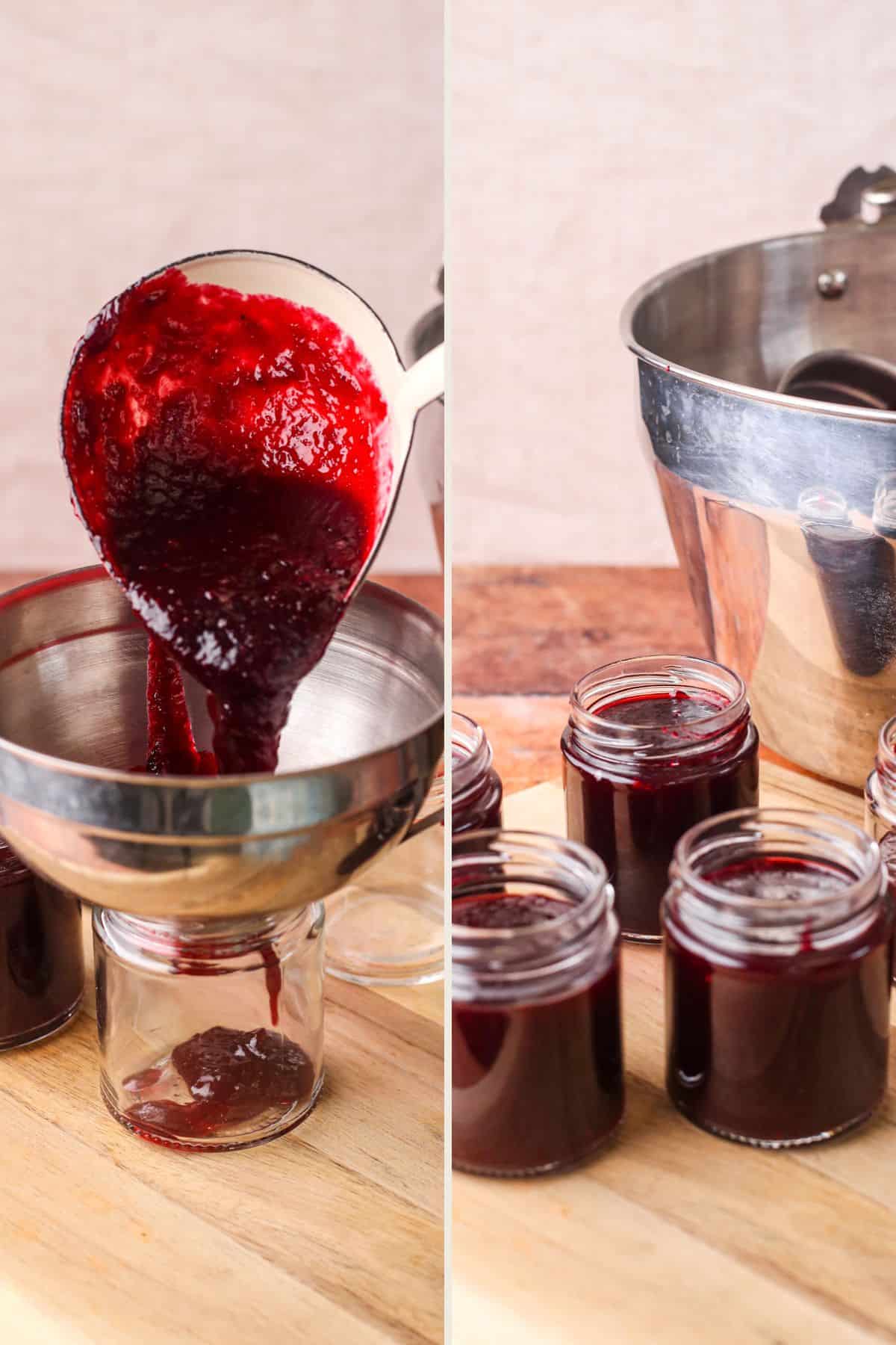 Jam spooned into clean jam jars.