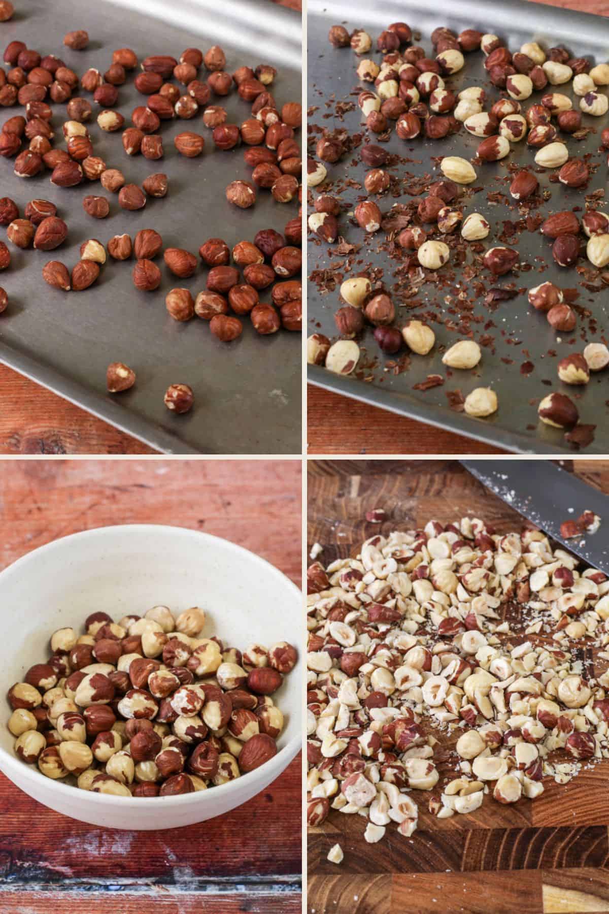 Hazelnuts in their skins on a baking tray. After baking with their skins rubbed off. In a bowl then roughly chopped and ready to add into the crumble